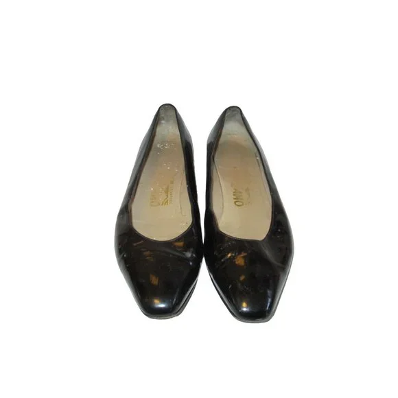 Salvatore Ferragamo Black Patent Leather Squared Almond Toe Low Pumps